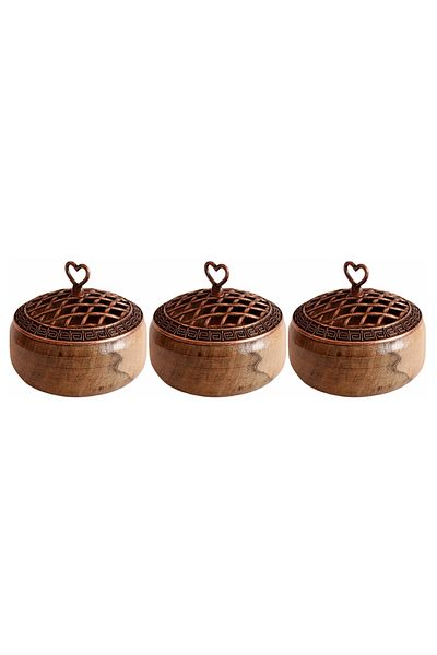 tios home 3-Piece Decorative Copper Lid Natural Wooden Presentation Bowl Snack Bowl Rustic Serving Bowl Round Diameter 9.5cm