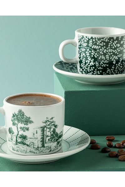 English Home Dear Porcelain 4 Piece Coffee Cup Set for 2 People Dark Green