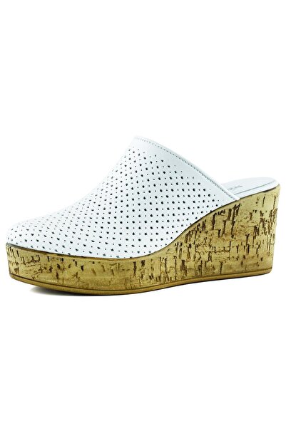 Erkan Saçmacı Aria White Genuine Leather Closed Front Cork Sole Look Wedge Heeled Slippers