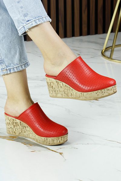 Erkan Saçmacı Aria Red Genuine Calfskin Closed Front Cork Sole Look Wedge Heeled Slippers