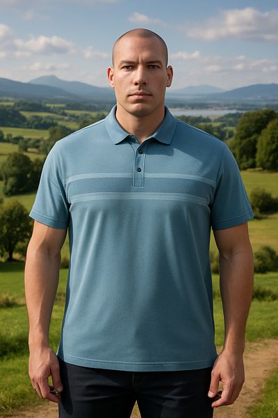 Maccali Men's Patterned Large Size Loose Blue Polo Neck T-Shirt