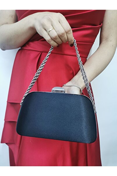 NAZART Kadın Saten Siyah Abiye Clutch Portföy Zincir Askılı  El Düğün Nişan Gece Omuz  Çantası