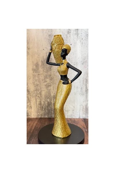 BLA BLA FOAM Decorative Statue African Woman with Vase on Head, Golden and Black, 28 cm, Ethnic Style