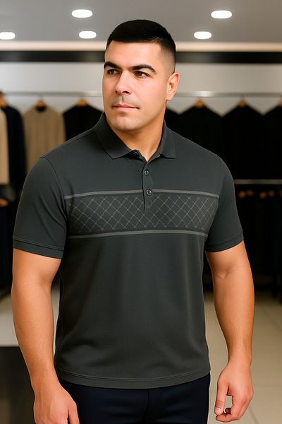 Maccali Men's Large Size Patterned Loose Smoked Polo Neck T-Shirt