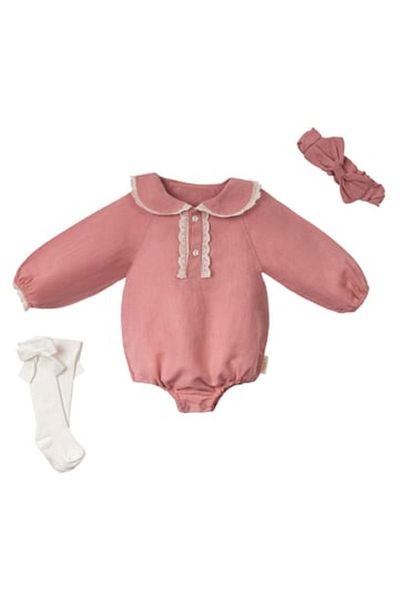 Necix's Lace Collar Long Sleeve Bodysuit Hair Band Socks Set Salmon