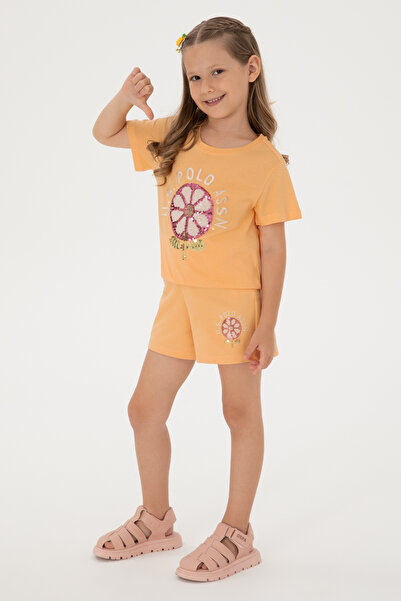 U.S. Polo Assn. Kız Çocuk Turuncu Payetli Çiçek İşlemeli Örme Şort 50301011-VR202
