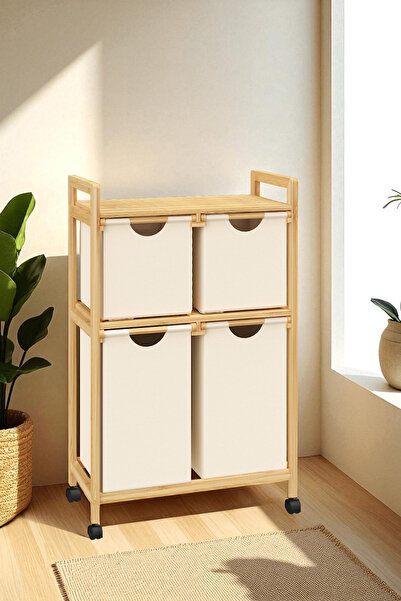 Digithome Bambu 4 Bölmeli Kirli Sepetli Çamaşır Sepeti Raflı Banyo Düzenleyici DB-0018