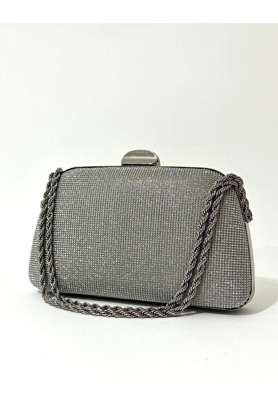 NAZART Women's Big Stoned Platinum Evening Dress Clutch Portfolio Chain Strap Handheld Wedding Engagement Night Shoulder Bag