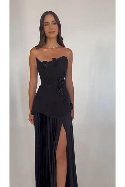 ALFABETA Black And Black Strapless Floral Evening Dress With Front Slit