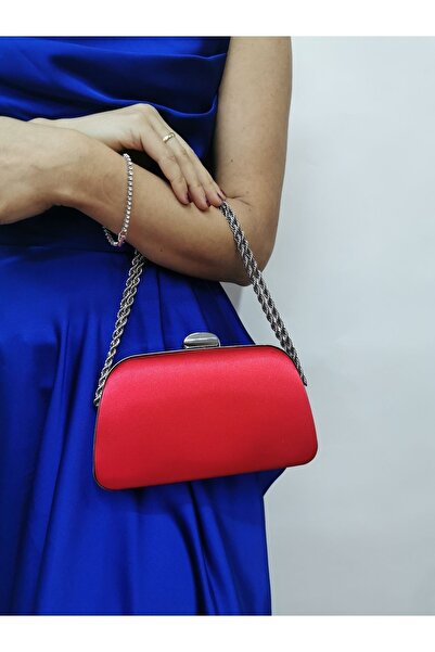 NAZART Women's Satin Red Evening Dress Clutch Portfolio Chain Strap Hand Wedding Engagement Night Shoulder Bag