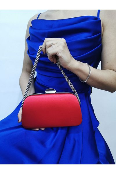 NAZART Γυναικείο σατέν κόκκινο βραδινό φόρεμα Clutch Portfolio Chain Strap Hand Wedding Engagement Night Shoulder Bag