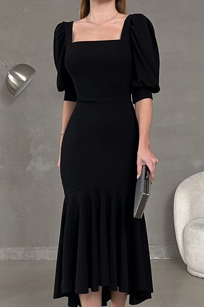 barış sülün lovebox Rochie midi neagră pentru femei - crep elastic, guler pătrat și tiv cu volane 582788