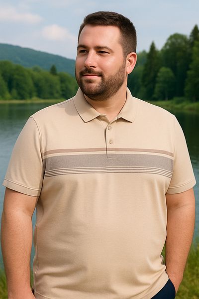 Maccali Men's Patterned Large Size Loose Cream Polo Neck T-Shirt