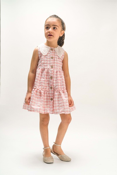 WECAN EXCLUSİVE Plaid Brode Collar Dress Powder