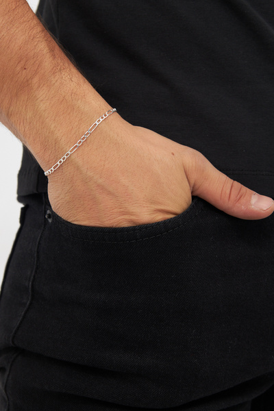 Ventino Silver 3mm Figaro 925 Ayar Gümüş Erkek Zincir Bileklik Veb-5022