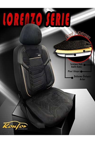 KONFORUM Car Seat Cover Front and Rear Set Nubuck Fabric Lorenzo Serie Black Beige