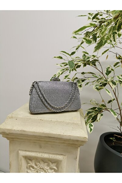 NAZART Women's Big Stoned Platinum Evening Dress Clutch Portfolio Chain Strap Handheld Wedding Engagement Night Shoulder Bag