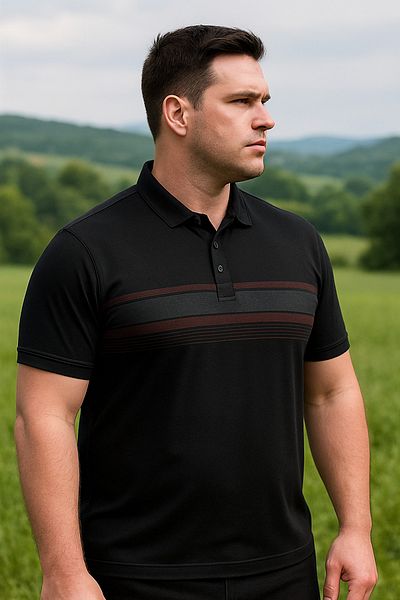 Maccali Men's Patterned Large Size Loose Black Polo Neck T-Shirt