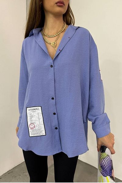 lovebox Γυναικείο πουκάμισο από βαμβακερό ύφασμα Oversize Μπλε με Σχέδιο Εμβλήματος 12200