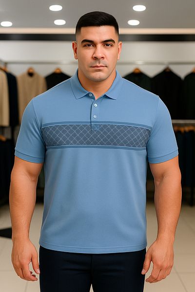 Maccali Men's Large Size Patterned Loose Blue Polo Neck T-Shirt