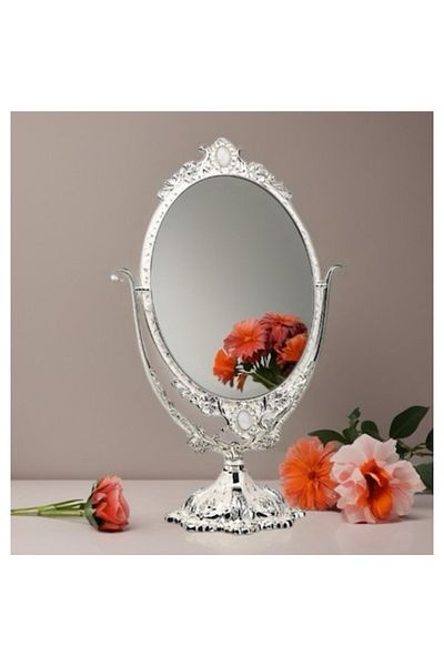 BLA BLA FOAM Oglindă de masă cu două fețe, ramă cromată argintie – design vintage elegant, înălțime 40 cm