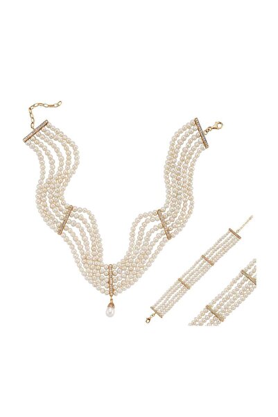 Birinci 925 Ayar Gümüş  Zirkon Taşlı Doğal İnci 5 mm Kolye Bileklik İkili Set