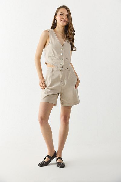 VENA Helen High Waist Linen Bermuda Shorts - Beige