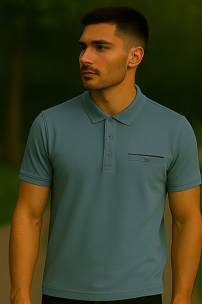 Maccali Men's Basic Long Plain Blue Polo Neck T-Shirt with Pockets