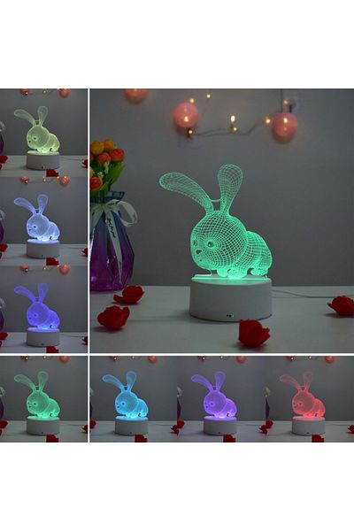 ILUMISHOP Lampa De Veghe 3D LED, Iepuras, 7 Culori, Lumina Ambientala, Alimentare USB cu Incarcator priza si/s