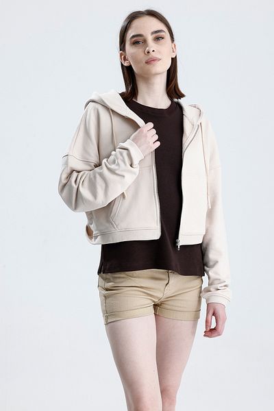 Sofist İstanbul Ecru Essentials Fit Women's Zip Hoodie 100% Cotton Hooded Off Shoulder Zip Kangaroo Pocket