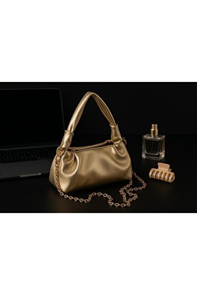 Melos Butik Kadın Gold Altın Sarı Çift Düğümlü Deri Zincir Askılı Mini El Ve Omuz Çantası