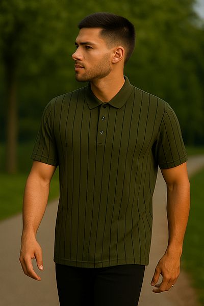 Maccali Men's Striped Loose White Khaki Polo Collar T-Shirt