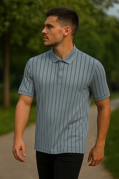 Maccali Men's Striped Loose Blue Linen Polo Collar T-Shirt