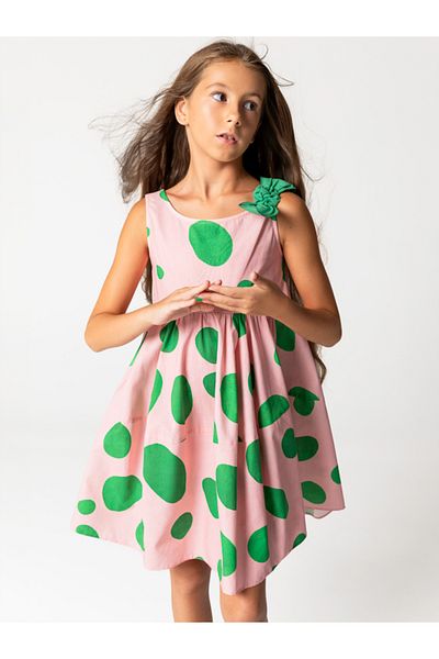 SheShe Pink Spotted Sleeveless Cotton Girl's Dress