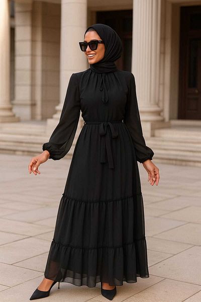 Neva Style فستان حجاب أسود بطيات 5726s