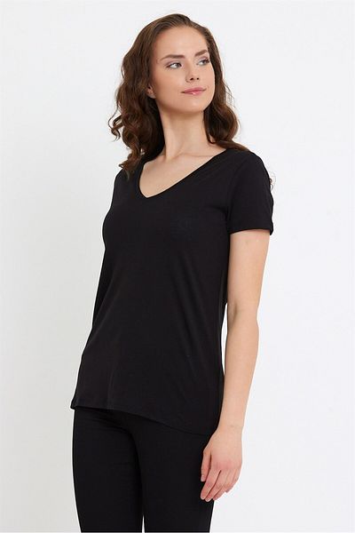 VENA Tricou Boyfriend cu decolteu în V Regular Fit (Modal) - Negru