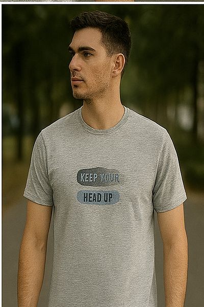 Maccali Men's Crew Neck Text Print Short Sleeve Gray T-Shirt