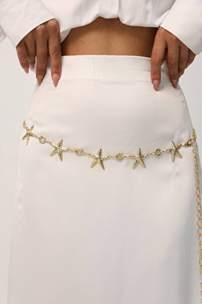 Fiori Yıldız Gold Zincir Detaylı Kadın Bel Kemeri,Elbise Kemeri,Etek Kemeri,Pantolon Kemeri