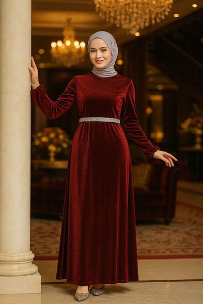 Neva Style Rochie de seara hijab burgundy argintiu 42541br