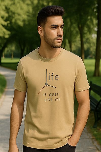 Maccali Men's Crew Neck Short Sleeve Text Print Camel T-Shirt