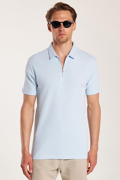 Tudors Tricou pentru bărbați, slim fit, 100% bumbac, cu fermoar, cu gât polo albastru
