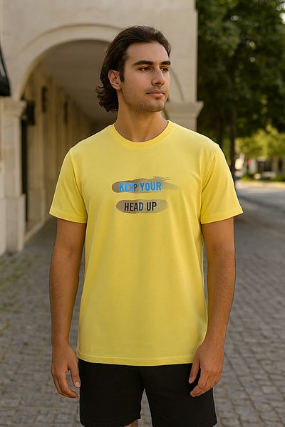 Maccali Men's Crew Neck Text Print Short Sleeve Yellow T-Shirt