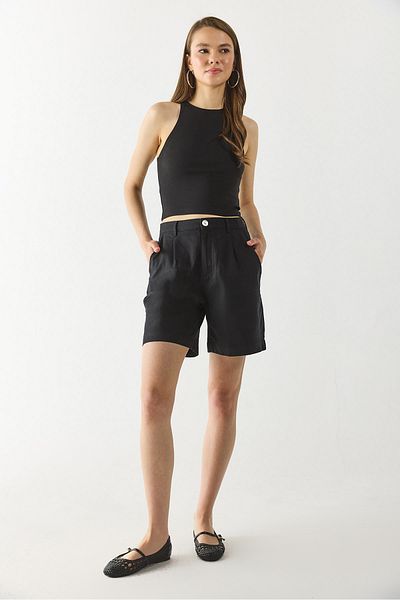 VENA Helen High Waist Linen Bermuda Shorts - Black