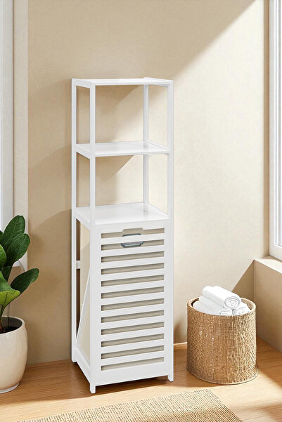 Digithome Bambu Beyaz Mat Lake Kirli Sepetli 3 Raflı Banyo Düzenleyici Çamaşır Sepeti DB-0019