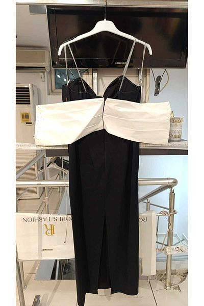 Robes Women's Madonna Neckline Off-Shoulder Pearl and Detailed Slit Pencil Evening Dress