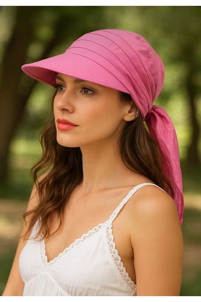 SFCOLLECTION Women's Summer 100% Cotton Wide Brim Summer Hat Safari Tie-Up Brim Bandana Visor Hat