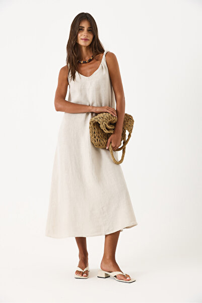 VENA Twist Strap Linen Dress - Cream