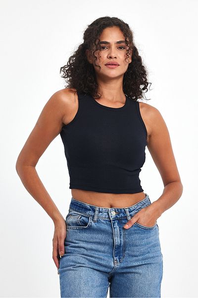 mmetalic Women's Navy Blue Corded Look Strap Thick Flexible Knitted Basic Crop Tank Top