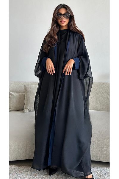 outline Elegant navy blue chiffon crepe abaya with sleeves