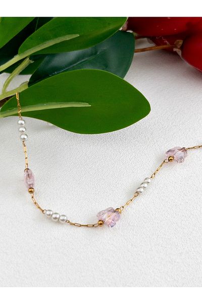 Siya Silver Special Series Pearl Detailed Pink Butterfly Steel Anklet